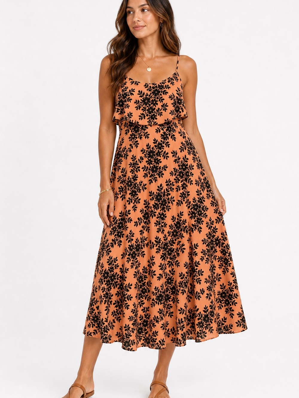 Spaghetti-Strap Rust Midi Dress with Black Floral Print